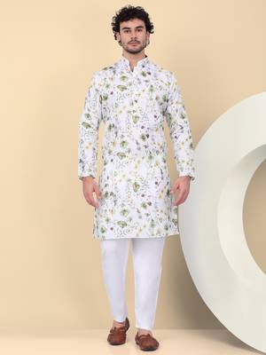 Men linen white floral printed kurta with elastic waistband pyjama 1