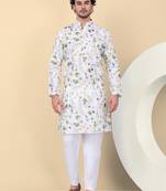Men linen white floral printed kurta with elastic waistband pyjama