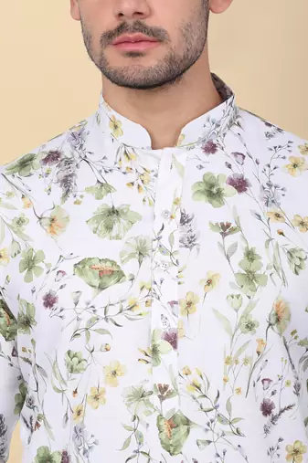 Men linen white floral printed kurta with elastic waistband pyjama