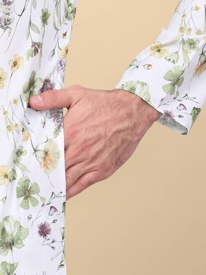 Men linen white floral printed kurta with elastic waistband pyjama 4