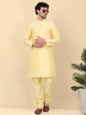 Men silk blend lime yellow kurta and churidar 1