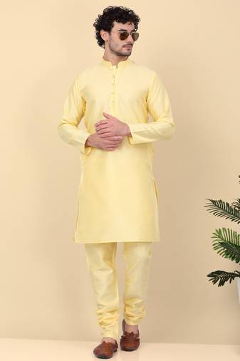 Men silk blend lime yellow kurta and churidar