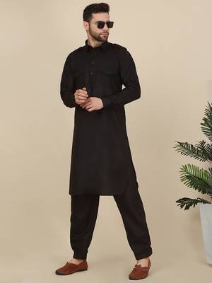 Black Cotton Plain Pathani Suit  1