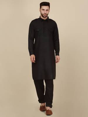 Black Cotton Plain Pathani Suit  5