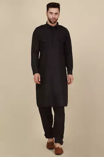 Black Cotton Plain Pathani Suit 