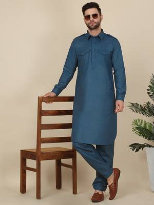 Men cotton blue pathani kurta with salwar 1