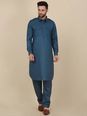 Men cotton blue pathani kurta with salwar 4