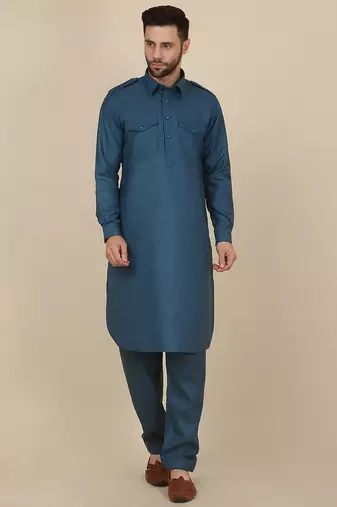 Men cotton blue pathani kurta with salwar