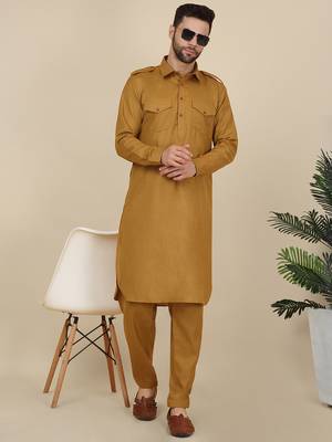 Men cotton mustard pathani kurta with salwar 1