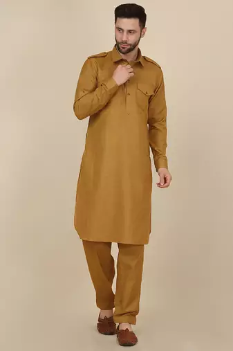 Men cotton mustard pathani kurta with salwar