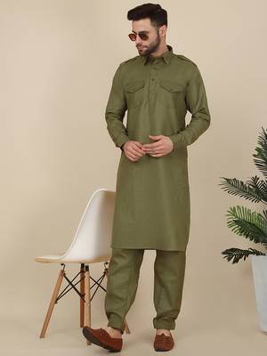 Olive Green Eid Pathani Salwar Kurta for Men 1