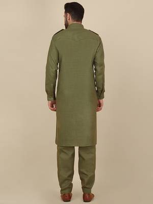 Olive Green Eid Pathani Salwar Kurta for Men 3