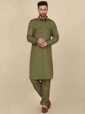 Olive Green Eid Pathani Salwar Kurta for Men 4