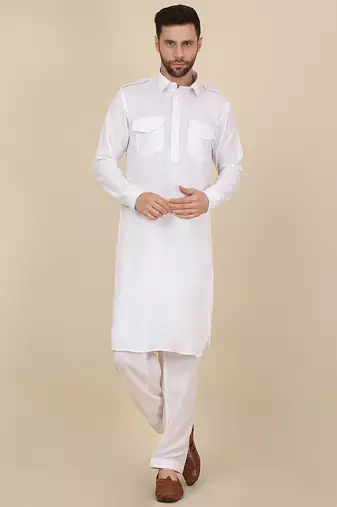White Casual Pathani Kurta Salwar for Men