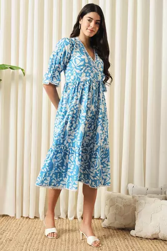 women turquoise blue a-line angrakha dress