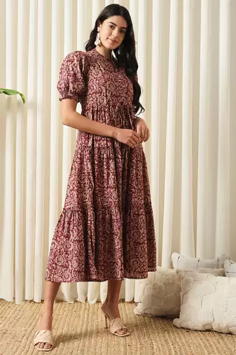 women maroon a-line pure cotton dress