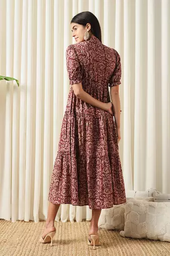 women maroon a-line pure cotton dress