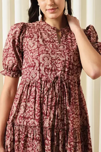 women maroon a-line pure cotton dress