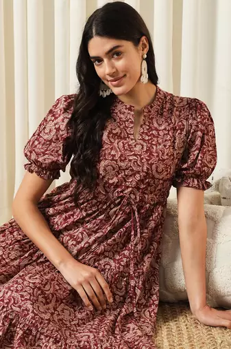 women maroon a-line pure cotton dress