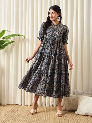 women blue a-line pure cotton dress 1