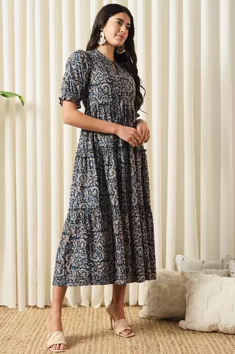 women blue a-line pure cotton dress