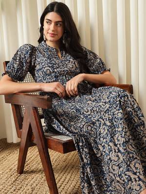 women blue a-line pure cotton dress 5