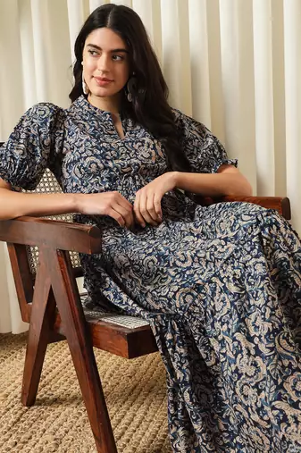 women blue a-line pure cotton dress