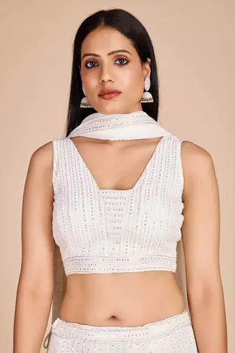 White Faux Georgette Embroidered Sequins Lehenga With Choli And Dupatta Party Wear