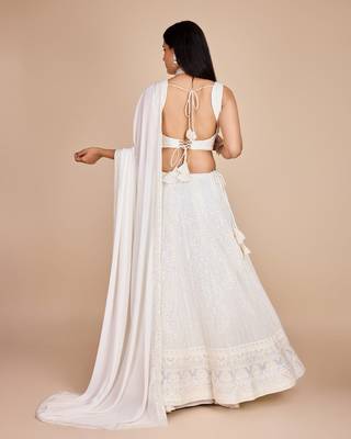 White Faux Georgette Embroidered Sequins Lehenga With Choli And Dupatta Party Wear 5