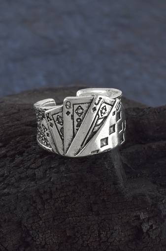 Brass silver playing card casino jewellery poker gambler finger ring men adjustable