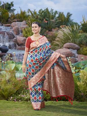 women's banarasi woven navy blue with multicolor with heavy jacquard work saree with blouse piece 1