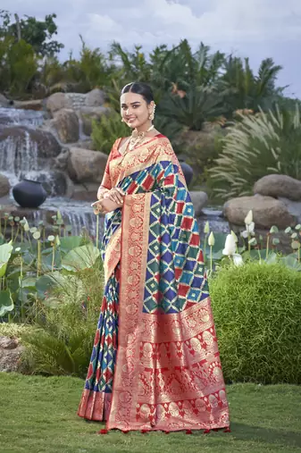 women's banarasi woven navy blue with multicolor with heavy jacquard work saree with blouse piece