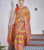 women's banarasi woven orange with multicolor with heavy jacquard work saree with blouse piece