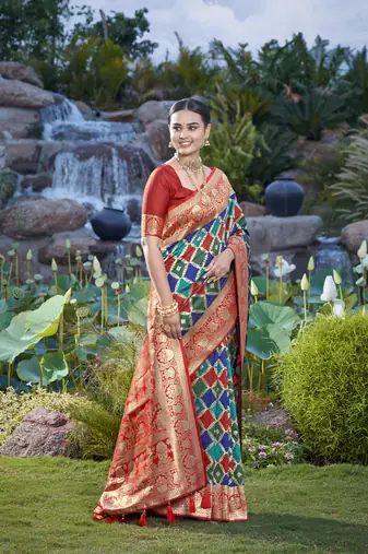 women's banarasi woven navy blue with multicolor with heavy jacquard work saree with blouse piece