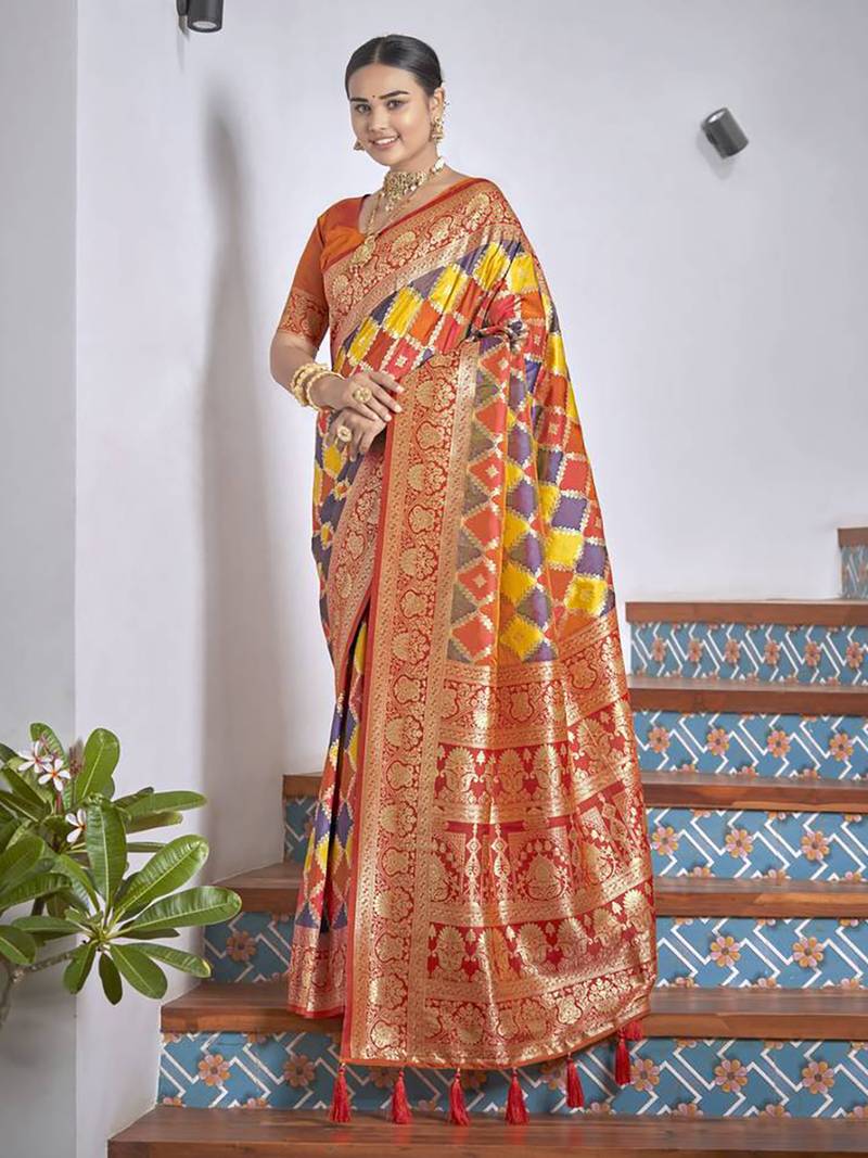 women's banarasi woven orange with multicolor with heavy jacquard work saree with blouse piece