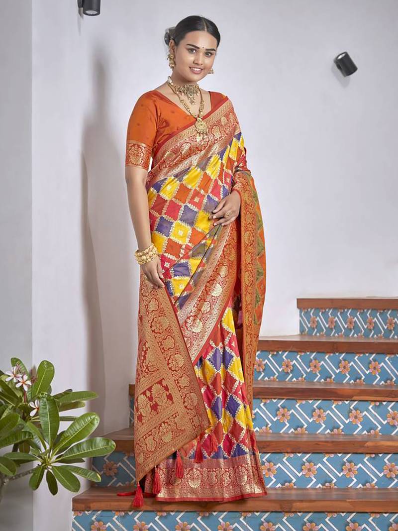 women's banarasi woven orange with multicolor with heavy jacquard work saree with blouse piece