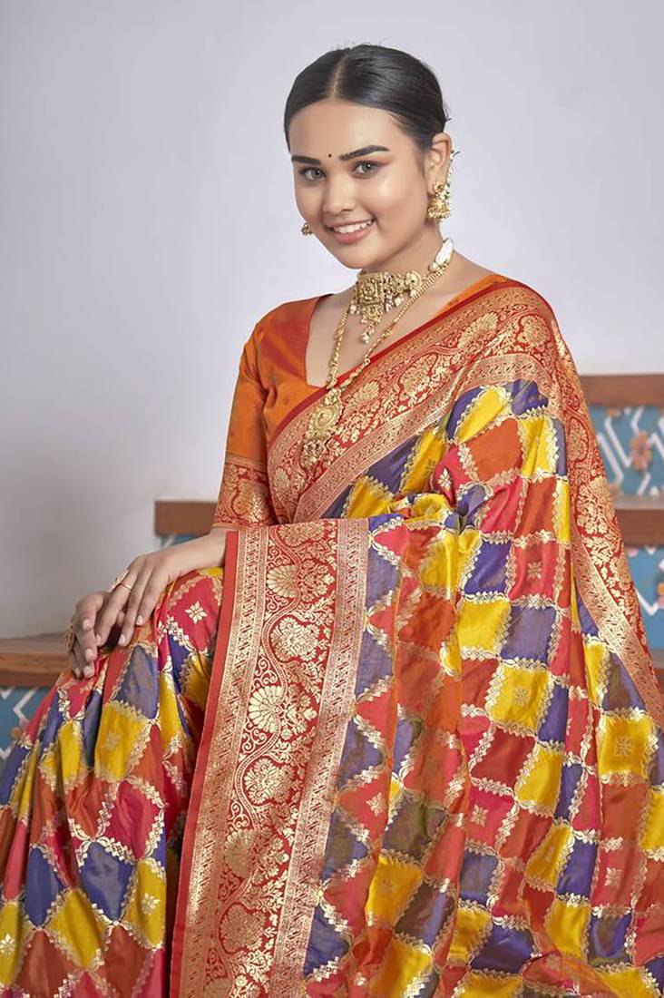 women's banarasi woven orange with multicolor with heavy jacquard work saree with blouse piece