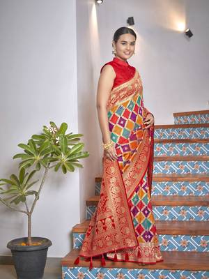 women's banarasi woven yellow with multicolor with heavy jacquard work saree with blouse piece 3