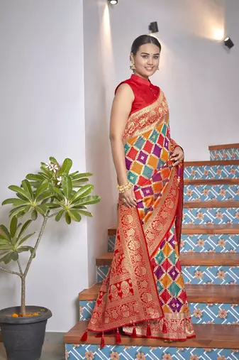 women's banarasi woven yellow with multicolor with heavy jacquard work saree with blouse piece