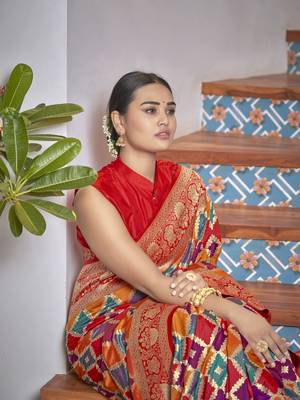 women's banarasi woven yellow with multicolor with heavy jacquard work saree with blouse piece 4