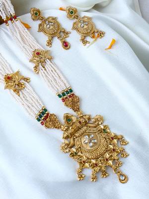 Gold plated antique floral motif stone studded temple jewellery set 1