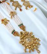 Gold plated antique floral motif stone studded temple jewellery set