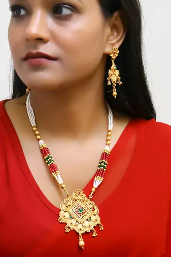 Gold plated antique peacock motif stone studded temple jewellery set