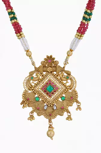 Gold plated antique peacock motif stone studded temple jewellery set