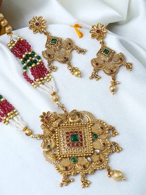 Gold plated antique peacock motif stone studded temple jewellery set 4