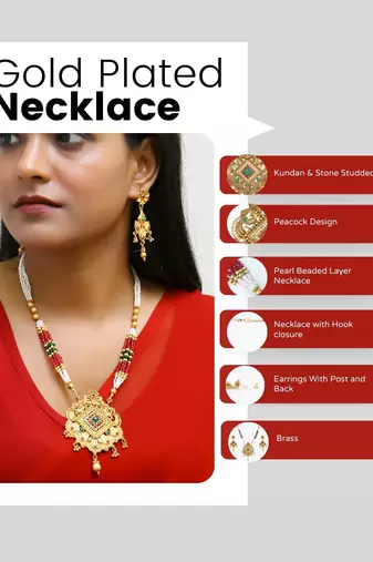 Gold plated antique peacock motif stone studded temple jewellery set