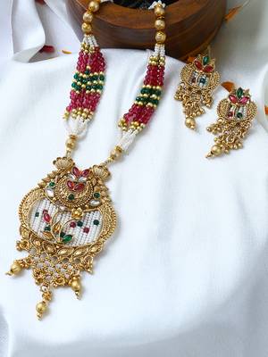 Gold plated antique floral motif stone studded temple jewellery set 1