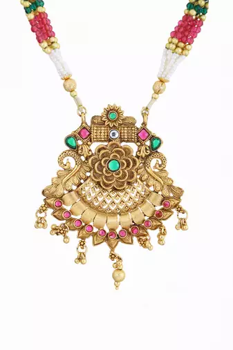 Gold plated antique floral motif emerald studded temple jewellery set