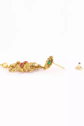 Gold plated antique floral motif emerald studded temple jewellery set