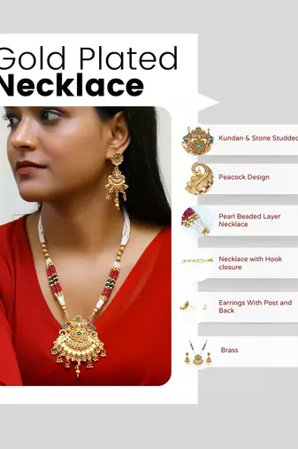 Gold plated antique floral motif emerald studded temple jewellery set